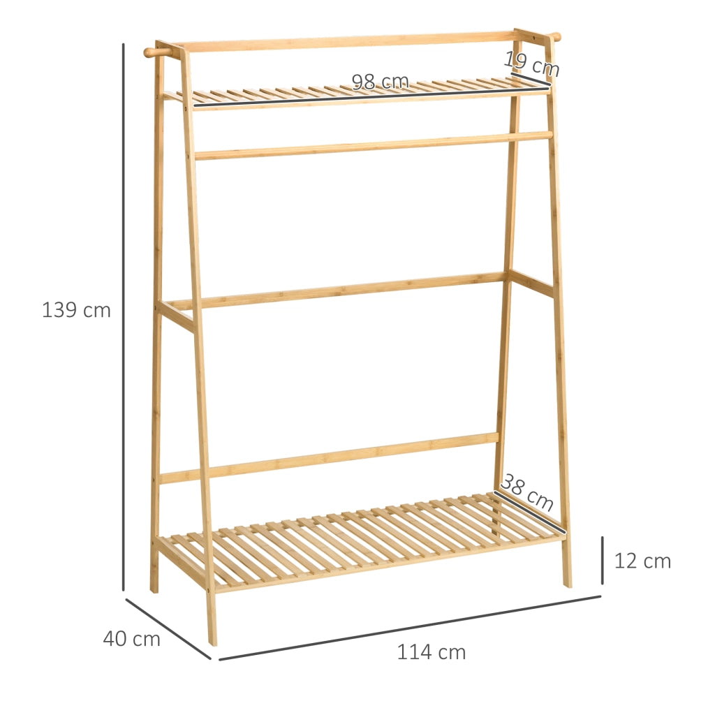 Appendiabiti a terra in bamb¨´ ¨C Xylo ¨C legno naturale con 2 ripiani e barra portaoggetti 114x40x139 cm