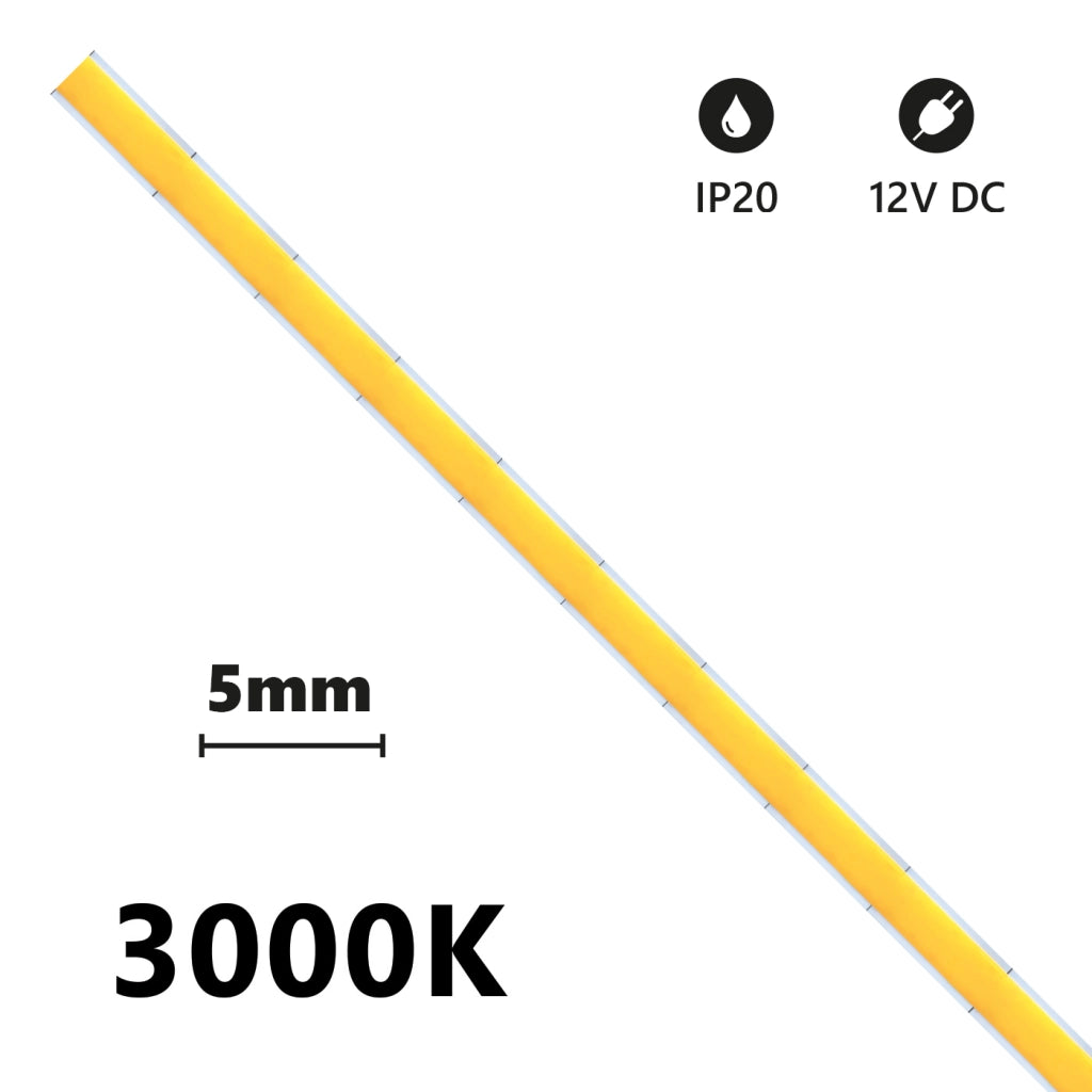 Alcapower Striscia LED COB SLIM IP20 5 metri 12V 3000K Luce Calda 6W/m 600lm/m 504 LED/m Alta Densità per Illuminazione Lineare Professionale