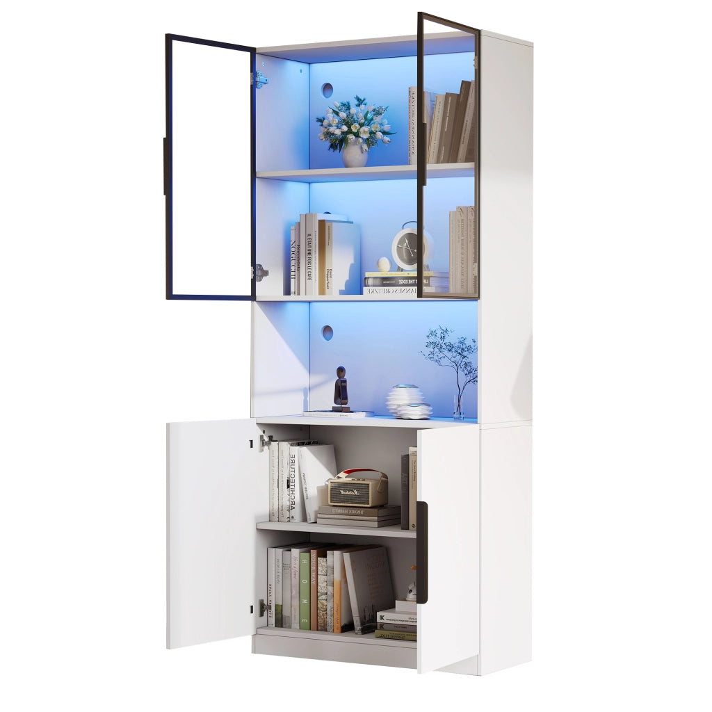 Vetrina con ante in vetro e LED, 1 ripiano regolabile e vano aperto, per soggiorno, bianco, 80 × 30 × 200 cm