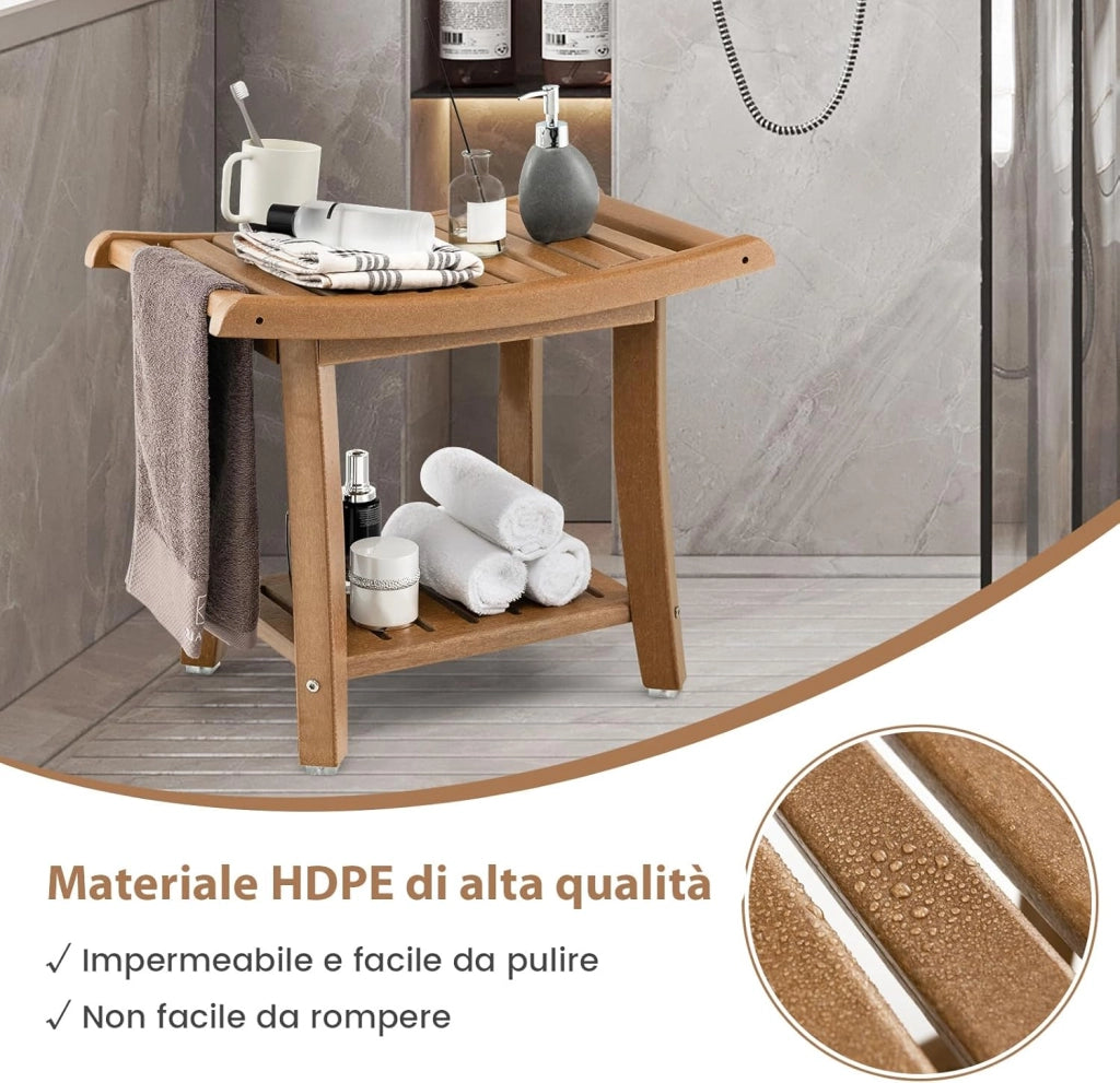 Sgabello da Doccia, Sgabello da Bagno Impermeabile con Sedile Curvo, con Portasciugamani e Piedini Antiscivoli, Panca Versatile con Ripiano, 60,5 x 34 x 48 cm (Marrone)