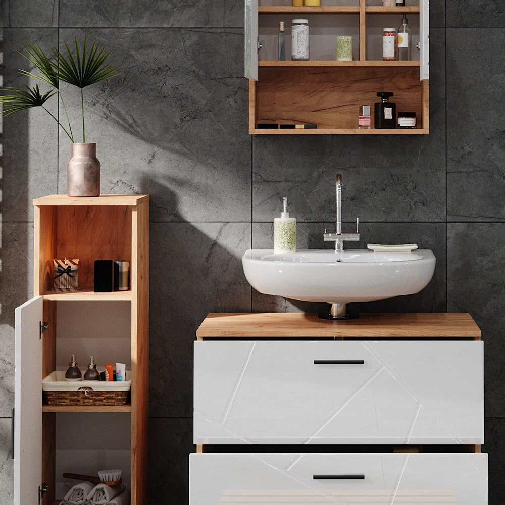 Vicco Set di mobili da bagno Bianco lucido/oro power oak 3 parti, con mobile midi