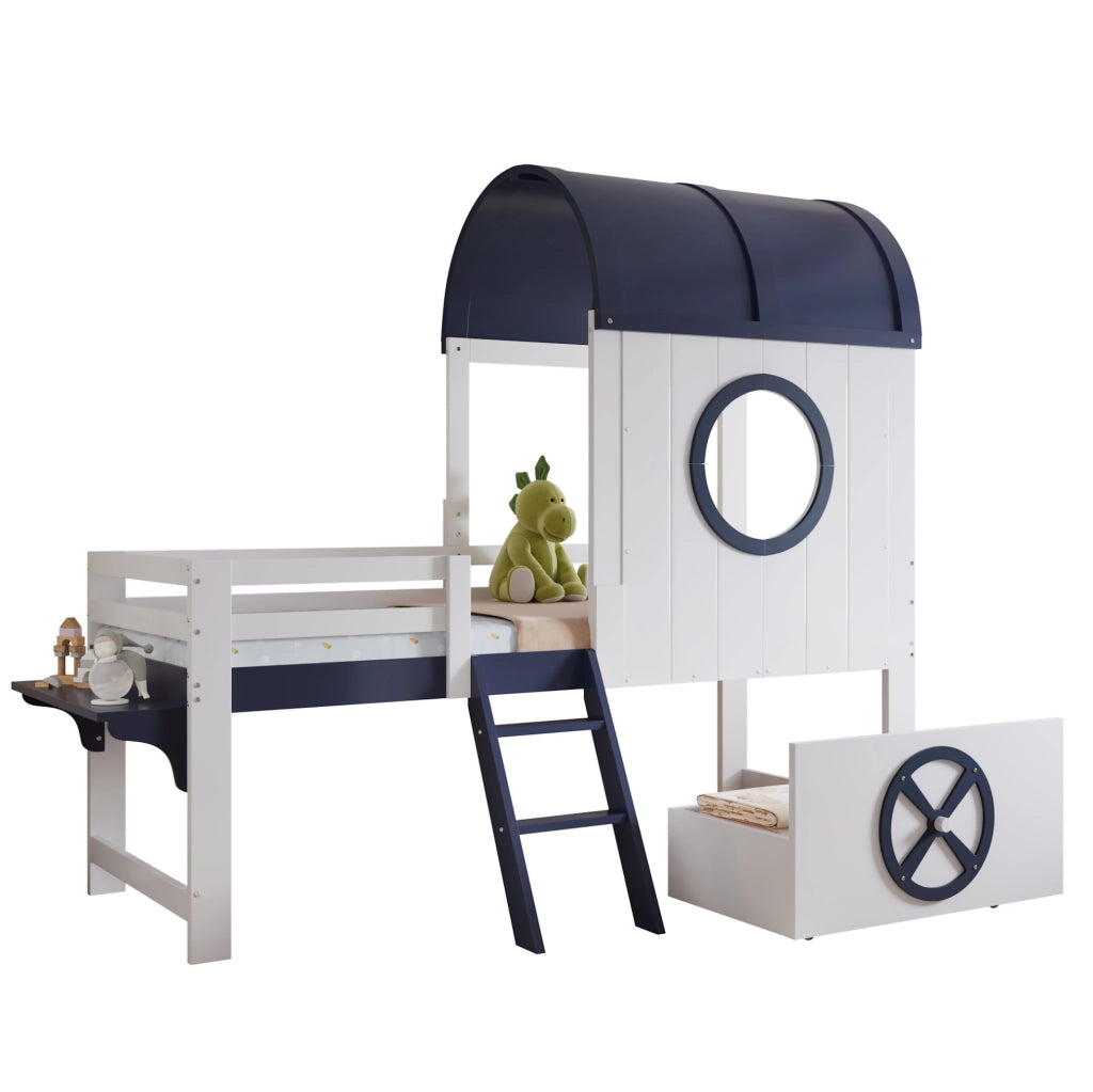 Letto a casetta per bambini 90x200 cm con cassetto e scala inclinata