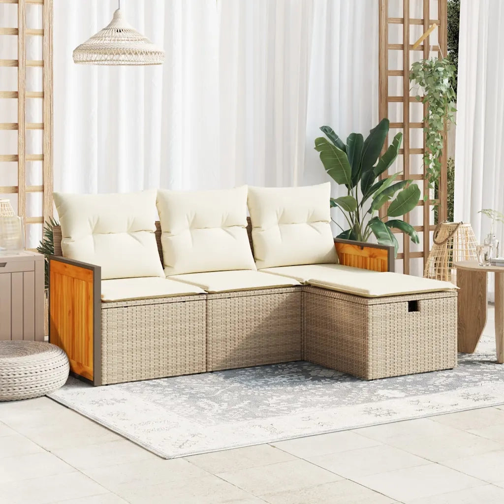 Set Divano da Giardino 4 pz | Set Salotto da Giardino con Cuscini Beige in Polyrattan