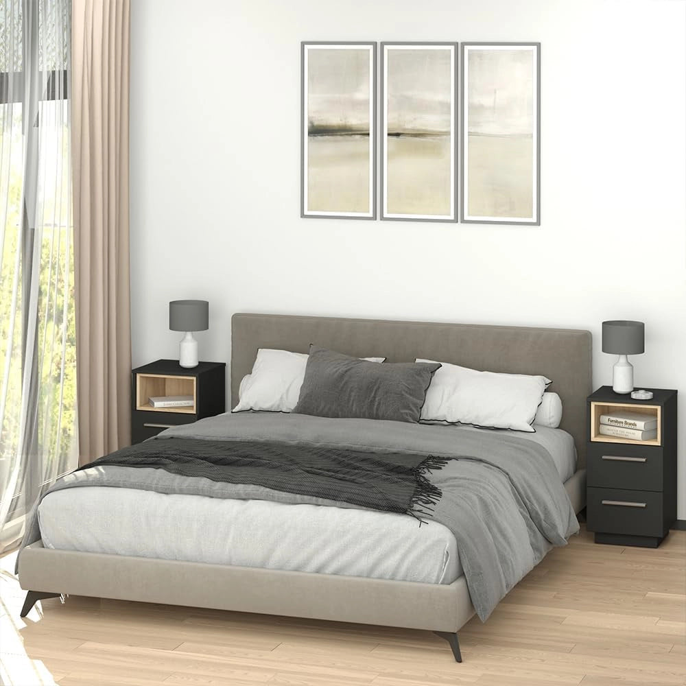 Comodini camera da letto Beatrice, Antracite, Set di 2, per riporre oggetti in modo salvaspazio accanto al letto