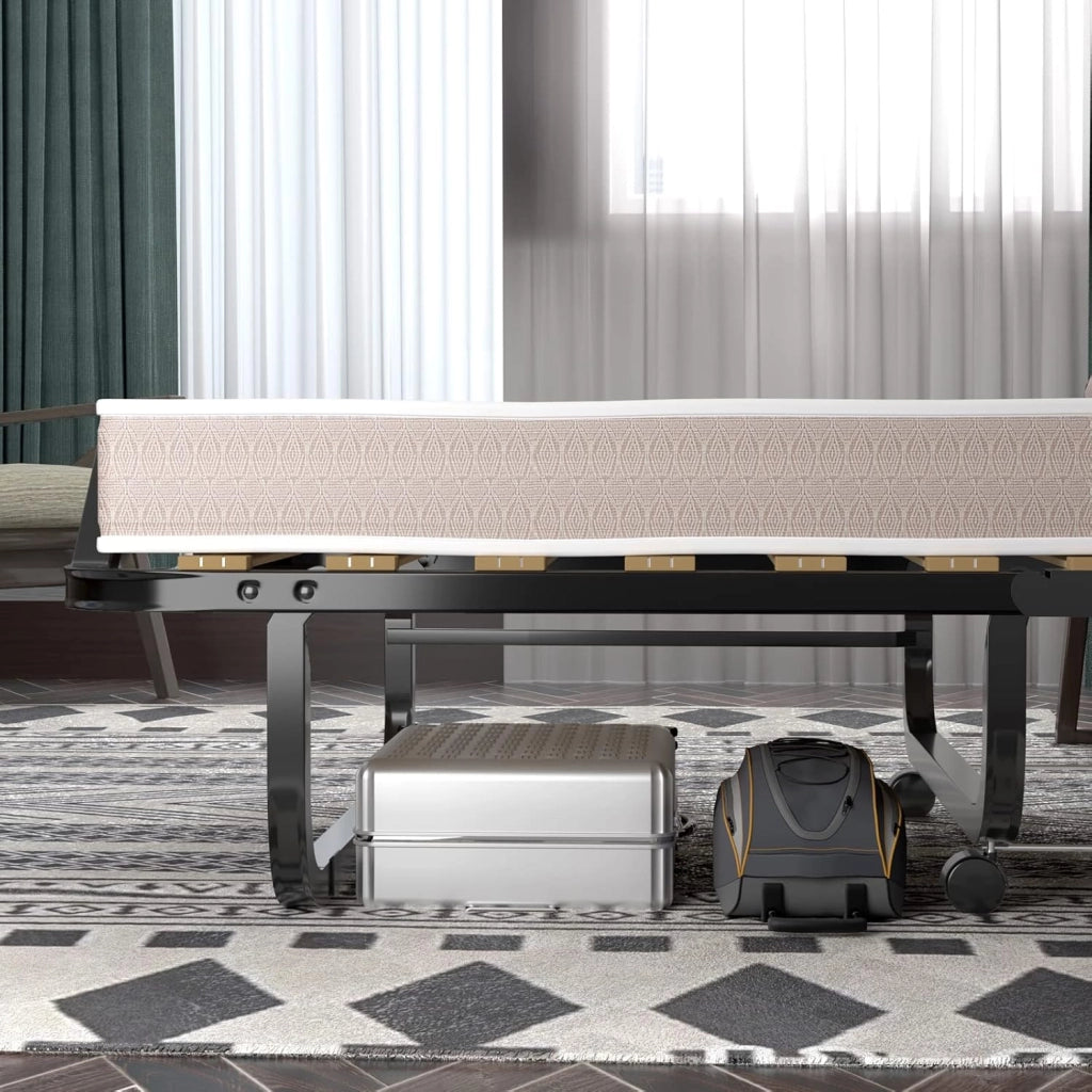 Letto Singolo Pieghevole, Portata di 120 kg, con 4 Ruote, 4 Gambe in Mettallo, Fibbia Fissata, 90 x 200 cm, Materasso di 10 cm, Ideale per Viaggio e di Riserva