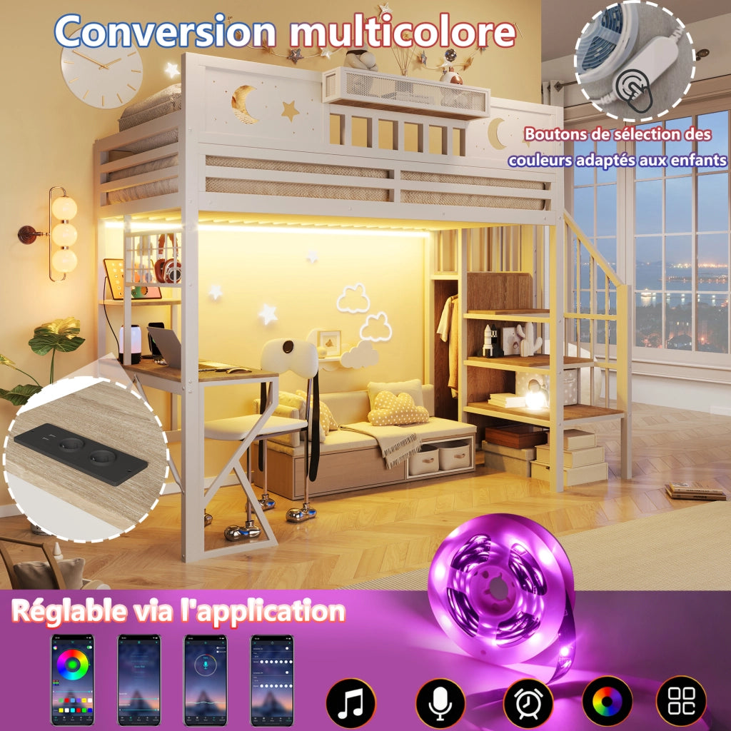 Letto a soppalco 90x200 cm con scrivania; pannello pegboard; ripiani; LED e USB; metallo bianco