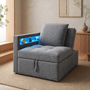 Divano letto 3 in 1 con Schienale Regolabile, USB-C, LED e Cuscino, Imbottito Grigio Chiaro 177 × 68 × 65 cm