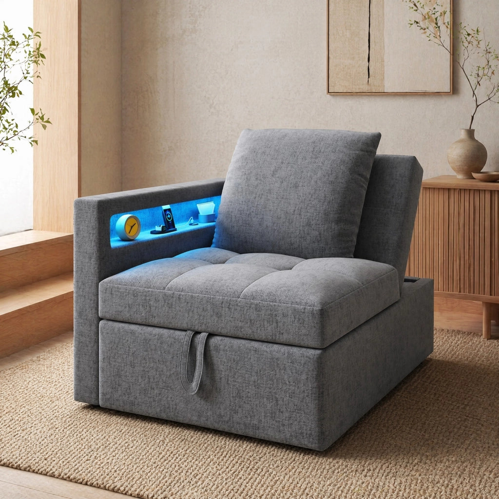 Divano letto 3 in 1 con Schienale Regolabile, USB-C, LED e Cuscino, Imbottito Grigio Chiaro 177 × 68 × 65 cm