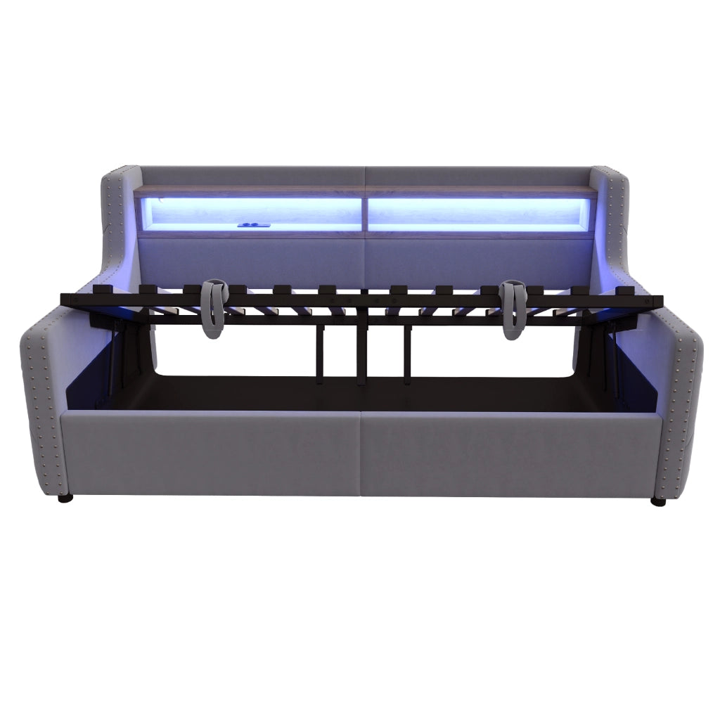Letto imbottito singolo 90×200 cm con contenitore; LED; USB e Type-C; senza materasso; velluto; grigio