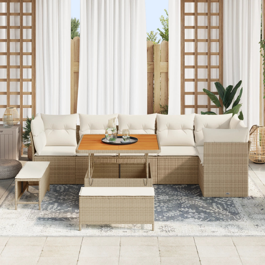 Set divano da giardino 9 pezzi con cuscini beige in rattan poliestere acacia