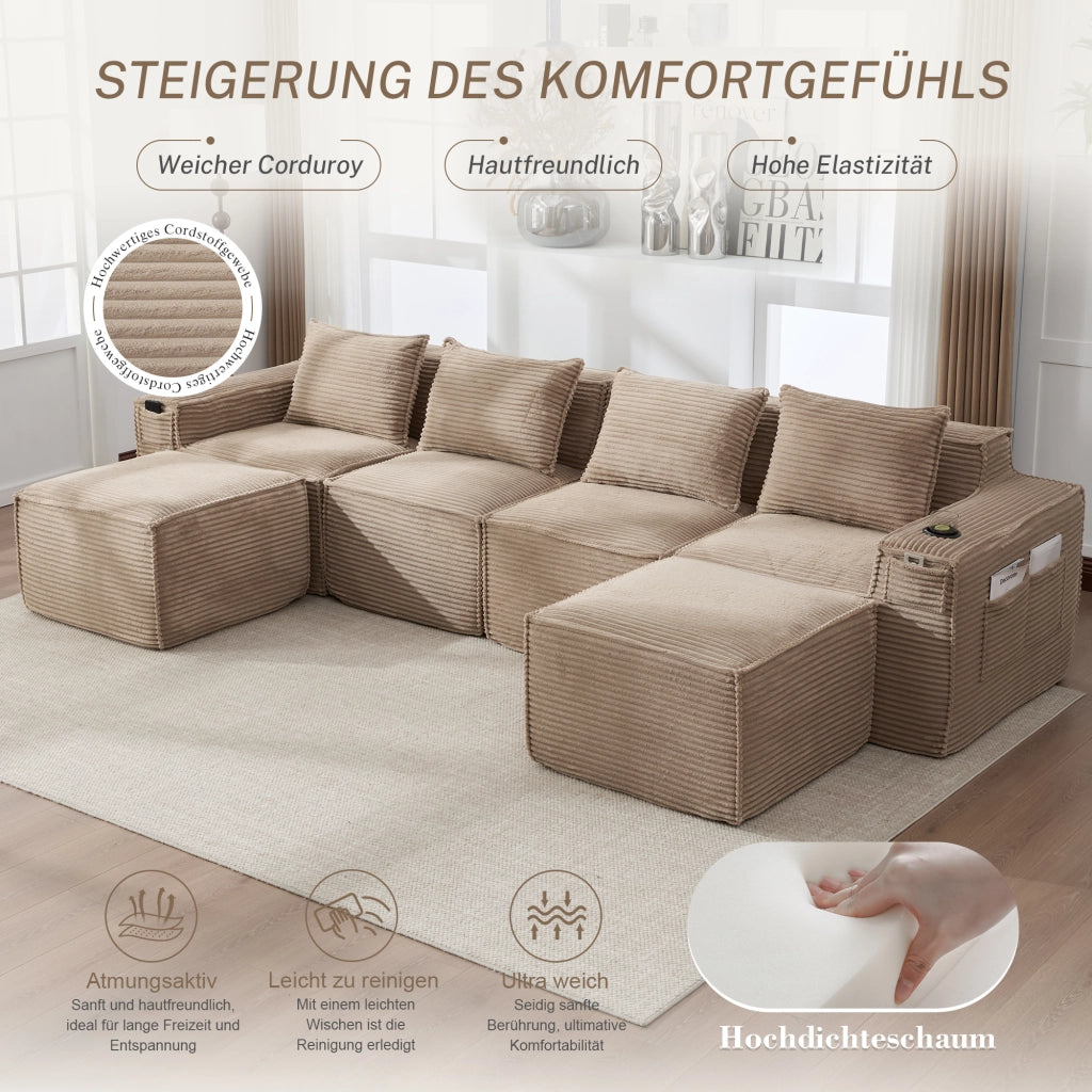 DIVANO modulare 4 posti 330x162x75 cm in corduroy khaki con 2 pouf