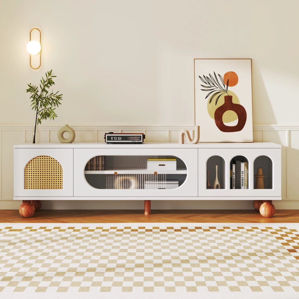 OKWISH Mobile TV con Ante Decorative e 3 Vani Aperti, Anta Scorrevole in Vetro, per Soggiorno, 170 x 47 x 37 cm