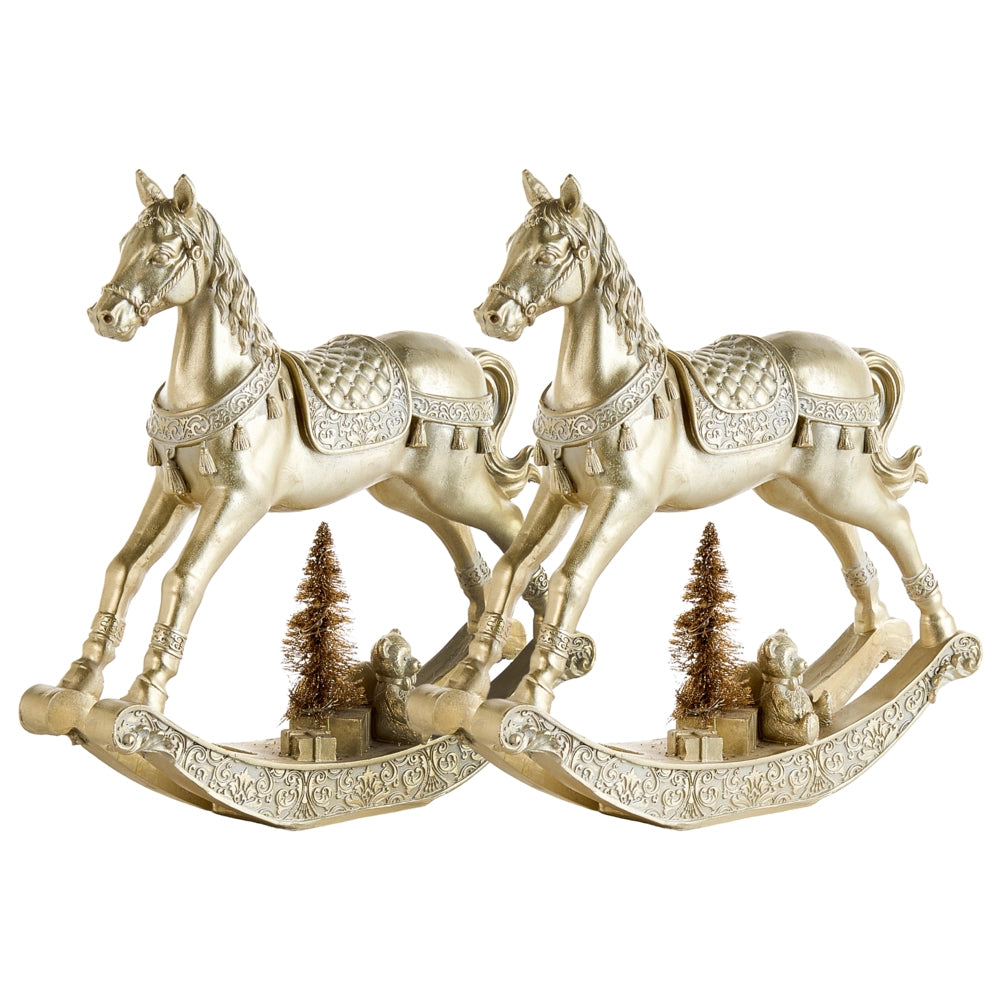 Set di 2 Decorazioni Natalizie Oro in Materiale Sintetico Statuette a Forma di Cavallo a Dondolo