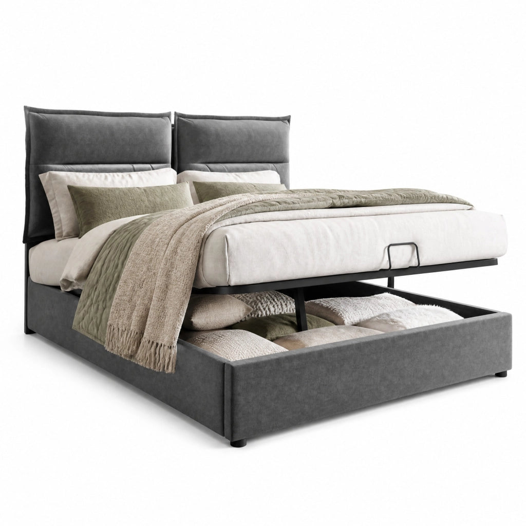 Letto matrimoniale imbottito 140x200 cm con testiera regolabile, rete sollevabile e contenitore, velluto grigio