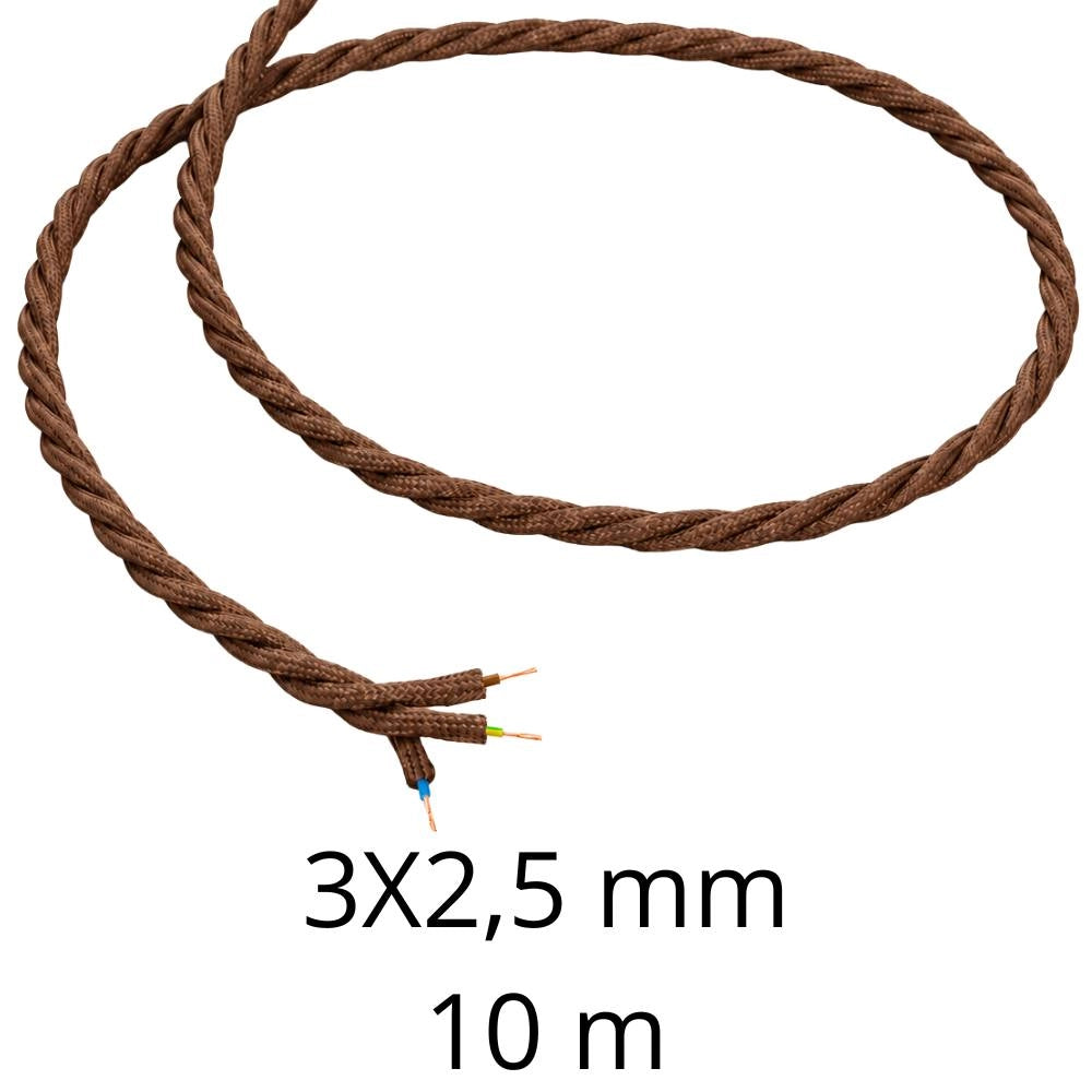 Cavo elettrico intrecciato in tessuto marrone per impianti a vista *** lunghezza metri 10, sezione conduttore 3x2,5mm...