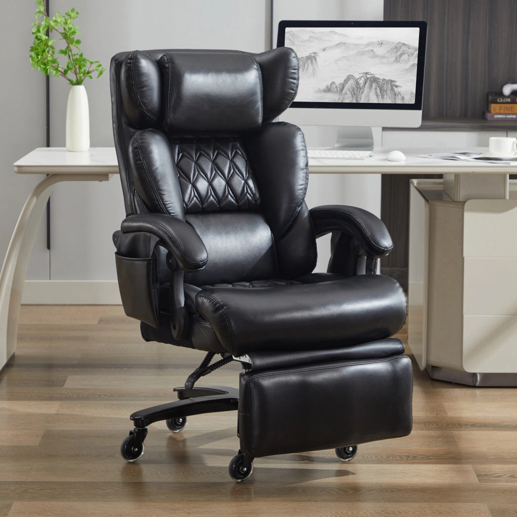 Sedia da Ufficio Ergonomica con Massaggio e Riscaldamento ¨C MINIMAL ¨C Ecopelle Nera, Poggiapiedi, Schienale Regolabile