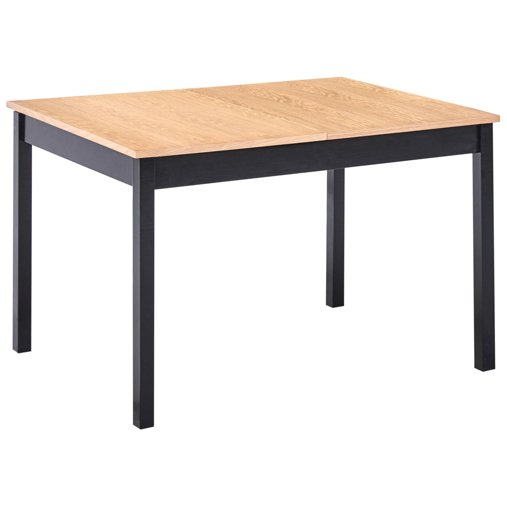 Tavolo da pranzo con piano in legno di pino marrone chiaro e nero, 120/150 x 90 cm, con prolunga a farfalla