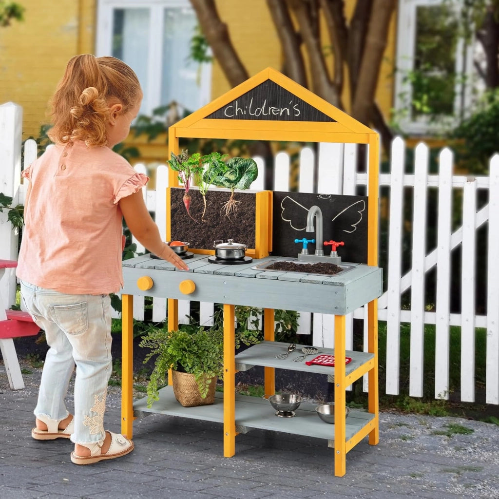 Cucina Giocattolo per Giardino con Vaso da Piantinaggio Trasparente, Rubinetto e Lavandino Rimovibile, Cucina in Legno di Abete per Bambini, Set Cucina con 8 Accessori (Blu e Arancio)