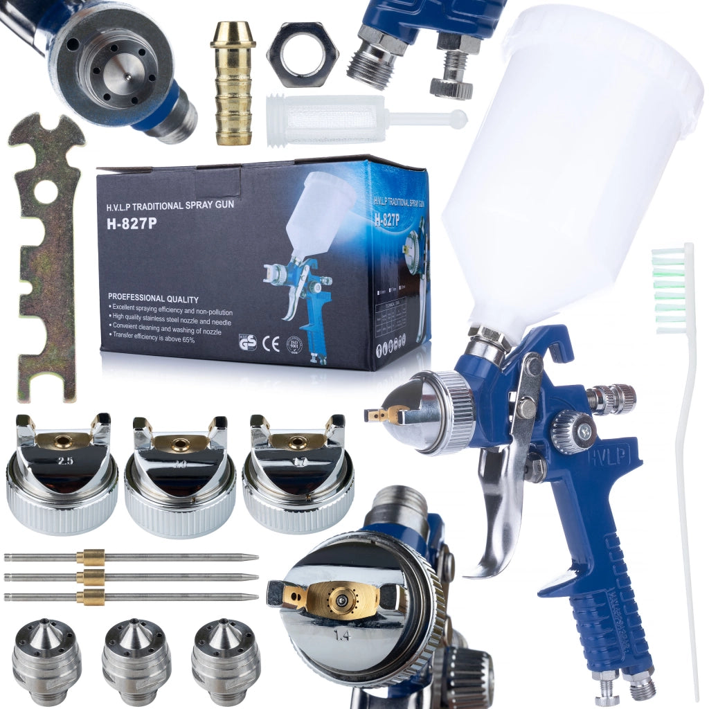 Pistola a Spruzzo HVLP con 4 Ugelli (1,4 1,7 2,0 2,5) – Serbatoio 600ml | Regolazione Aria, Vernice, Flusso