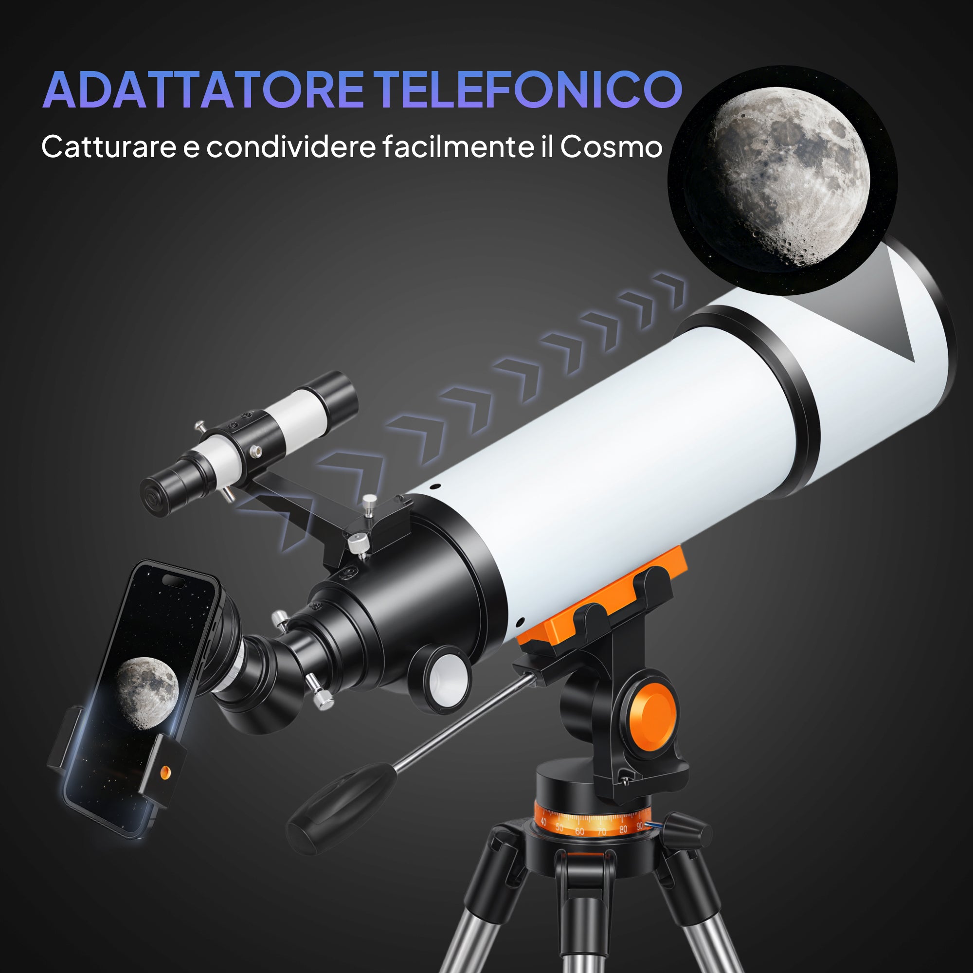 Telescopio Astronomico 80mm con Montatura AZ, 2 Lenti Oculari e Adattatore Smartphone, 92x92x130 cm, Bianco e Nero