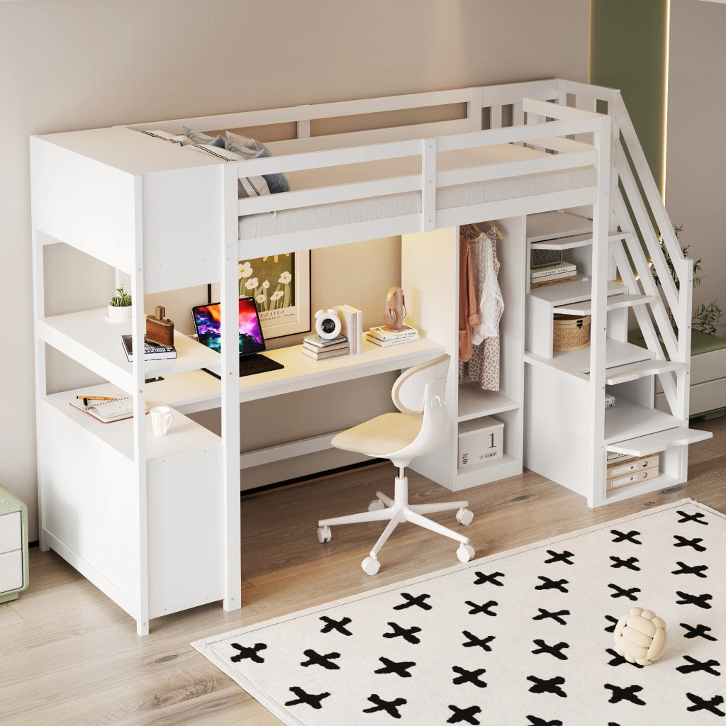 OKWISH Letto a soppalco 90×200 cm, Letto Singolo con Scrivania, Armadio, LED Multicolore, Prese e Mensole, senza Materasso, Bianco