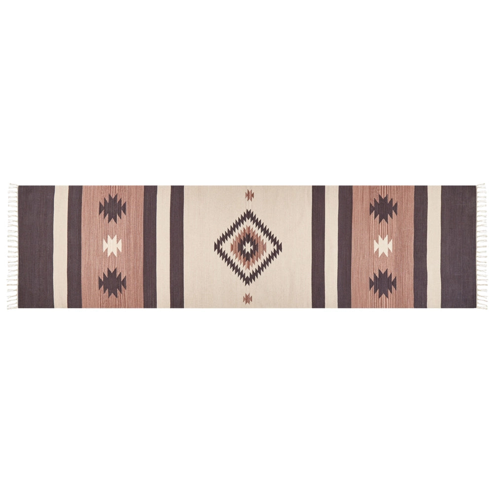 Tappeto kilim in cotone marrone e beige 80 x 300 cm trapuntato a mano con nappe geometriche soggiorno camera da letto