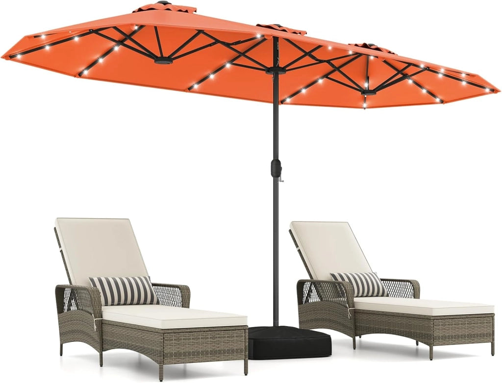 Ombrellone da Giardino Doppio 400 x 200 cm, con 36 Luci LED Solari, Manovella 12 Stecche, Base, Anti-UV, Rettangolare, per Giardino Piscina Cortile (Arancione)