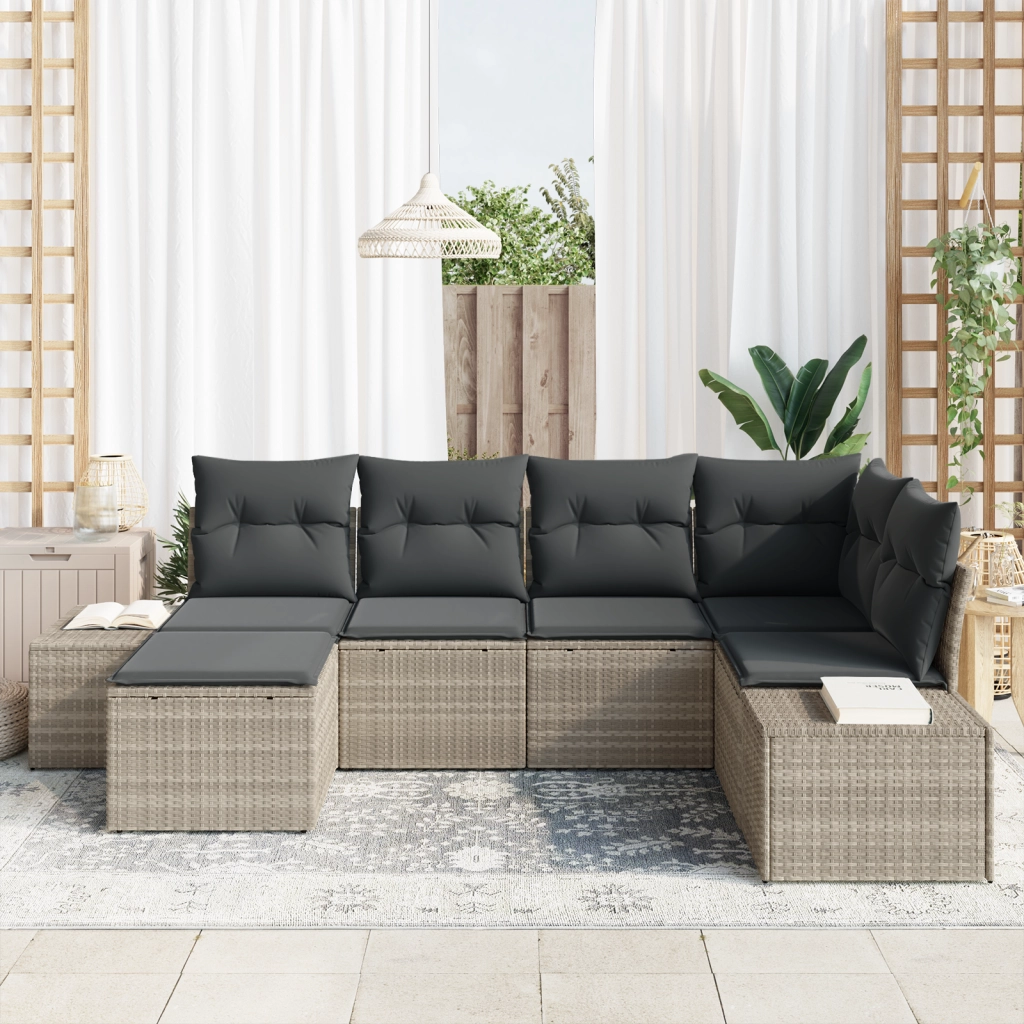 Set divano giardino con cuscini grigi in polyrattan