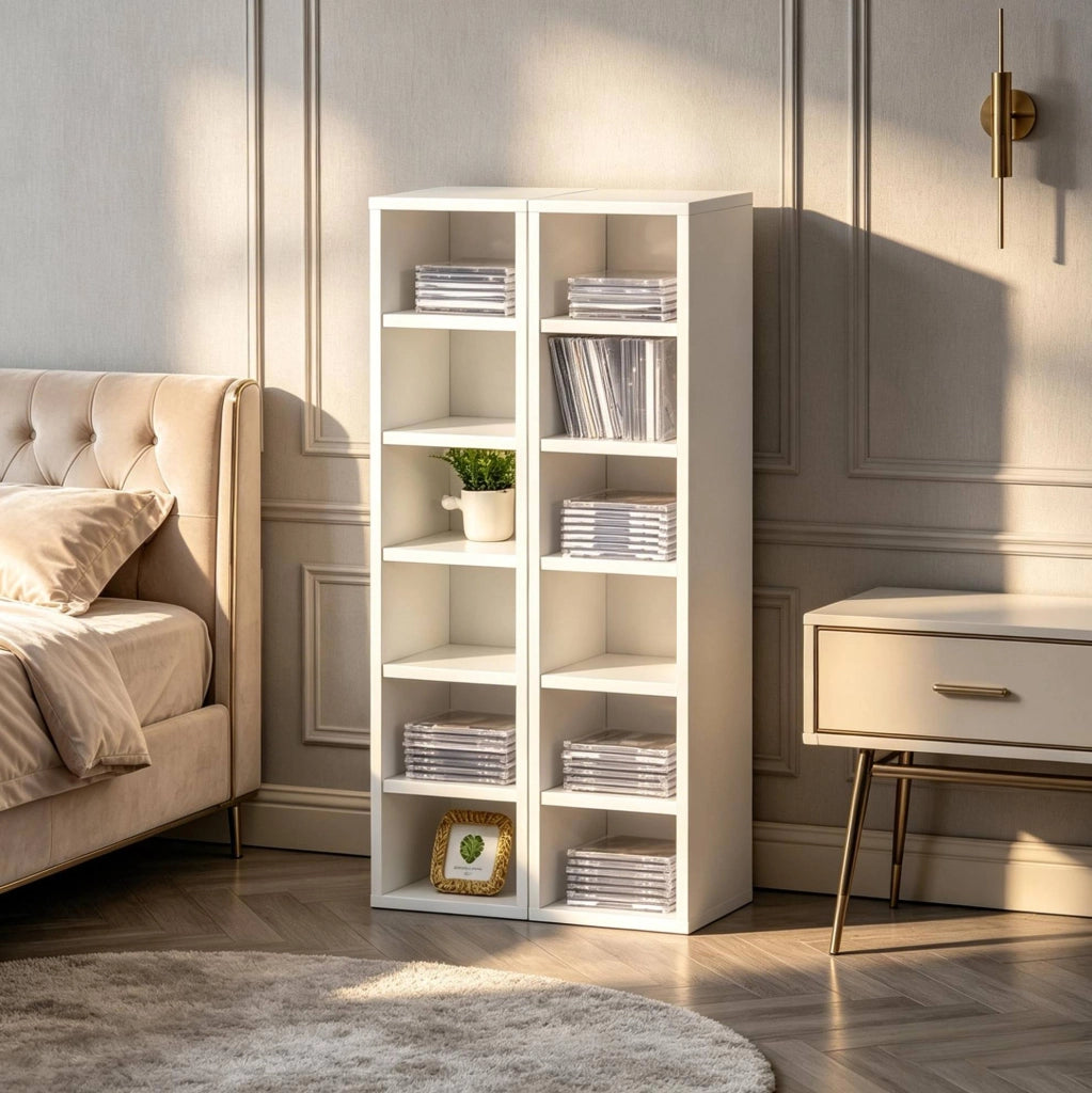 Set di 2 colonne portacd e dvd bianche con 12 vani