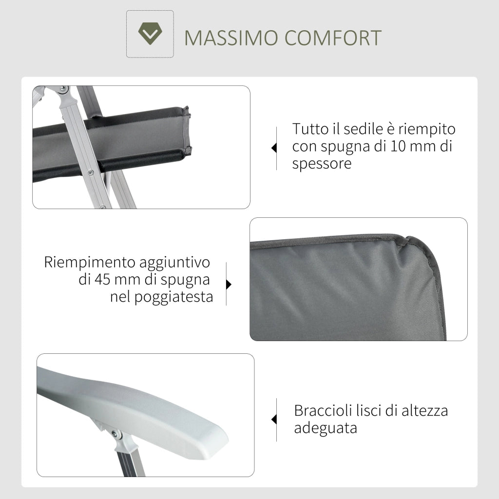 Sedia da Esterno Pieghevole con Braccioli ¨C Zephmum ¨C Grigio, Alluminio, Tessuto, 75x61.5x76-115 cm