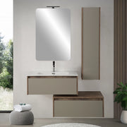 Mobile bagno sospeso 80 cm in legno tabacco e tortora 2 cassetti, colonna, lavabo e specchio Smok