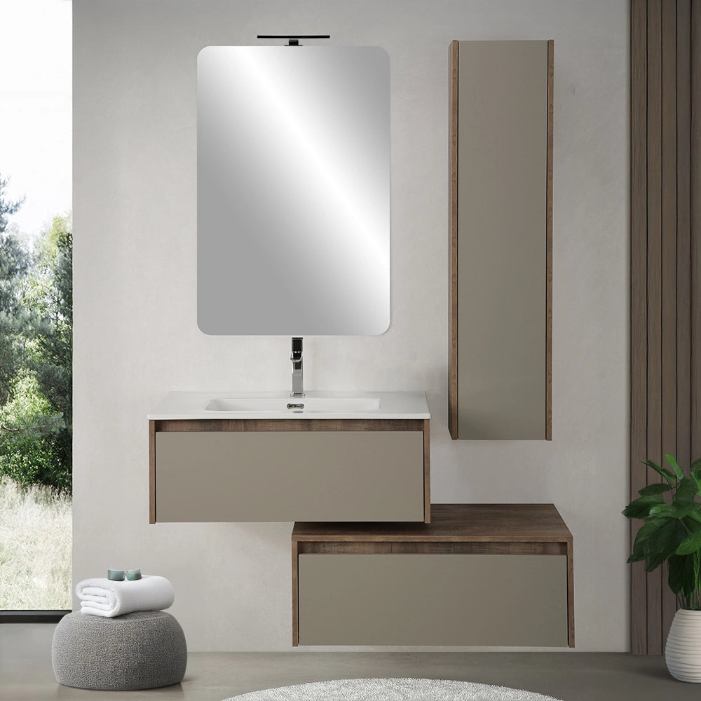 Mobile bagno sospeso 80 cm in legno tabacco e tortora 2 cassetti, colonna, lavabo e specchio Smok