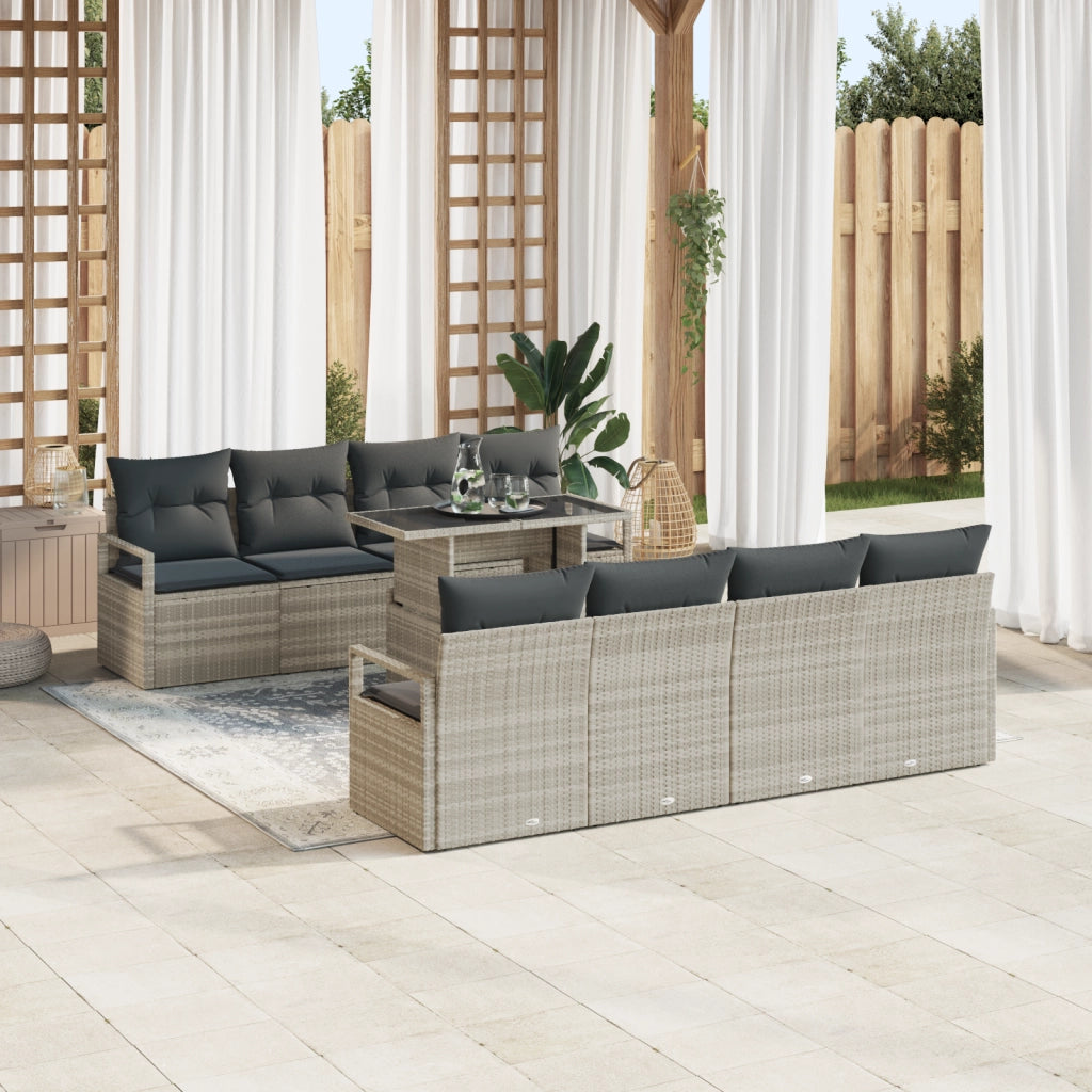 Set di divani da giardino  9 pezzi con cuscini Grigio chiaro Rattan polare