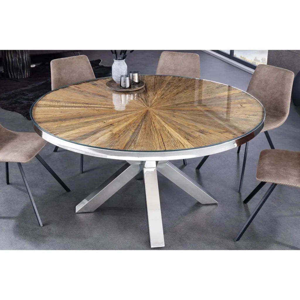 Tavolo da pranzo RAFTA – Legno di teak e vetro temperato – Piede cromato – 120 cm – Rotondo – Stile contemporaneo