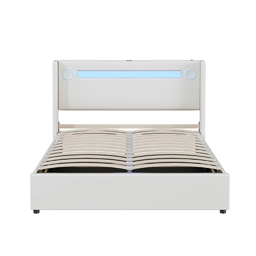 Letto a cassone con LED Bluetooth - Xylo - 140x200 cm - Bianco - USB in Pelle PU