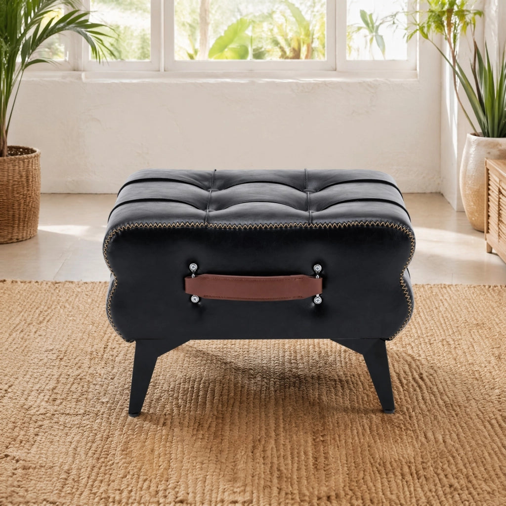 Pouf poggiapiedi portatile in PU nero con struttura in acciaio e maniglia laterale
