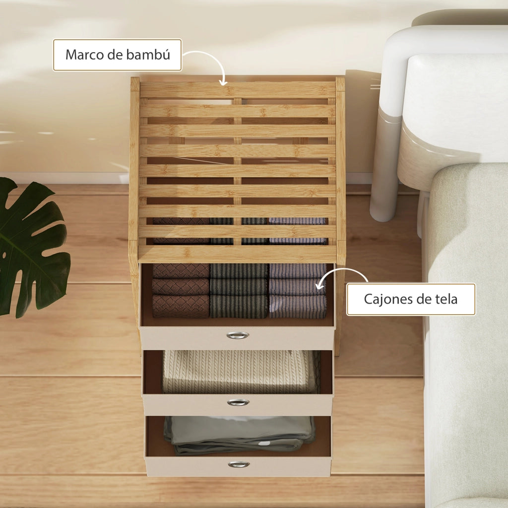 C¨®moda con 3 cassetti in tessuto e struttura in bamb¨´ ¨C zephmum ¨C crema/naturale