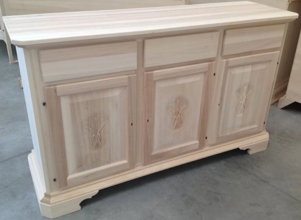 Madia credenza in legno grezza 3 ante con intarsio l.163 p.49 h.98 (2141) - Mobili 2G