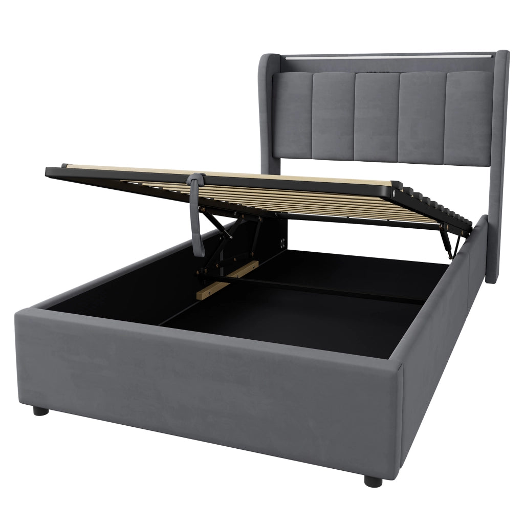Letto singolo contenitore imbottito grigio scuro 90x200 cm con LED e dock di ricarica
