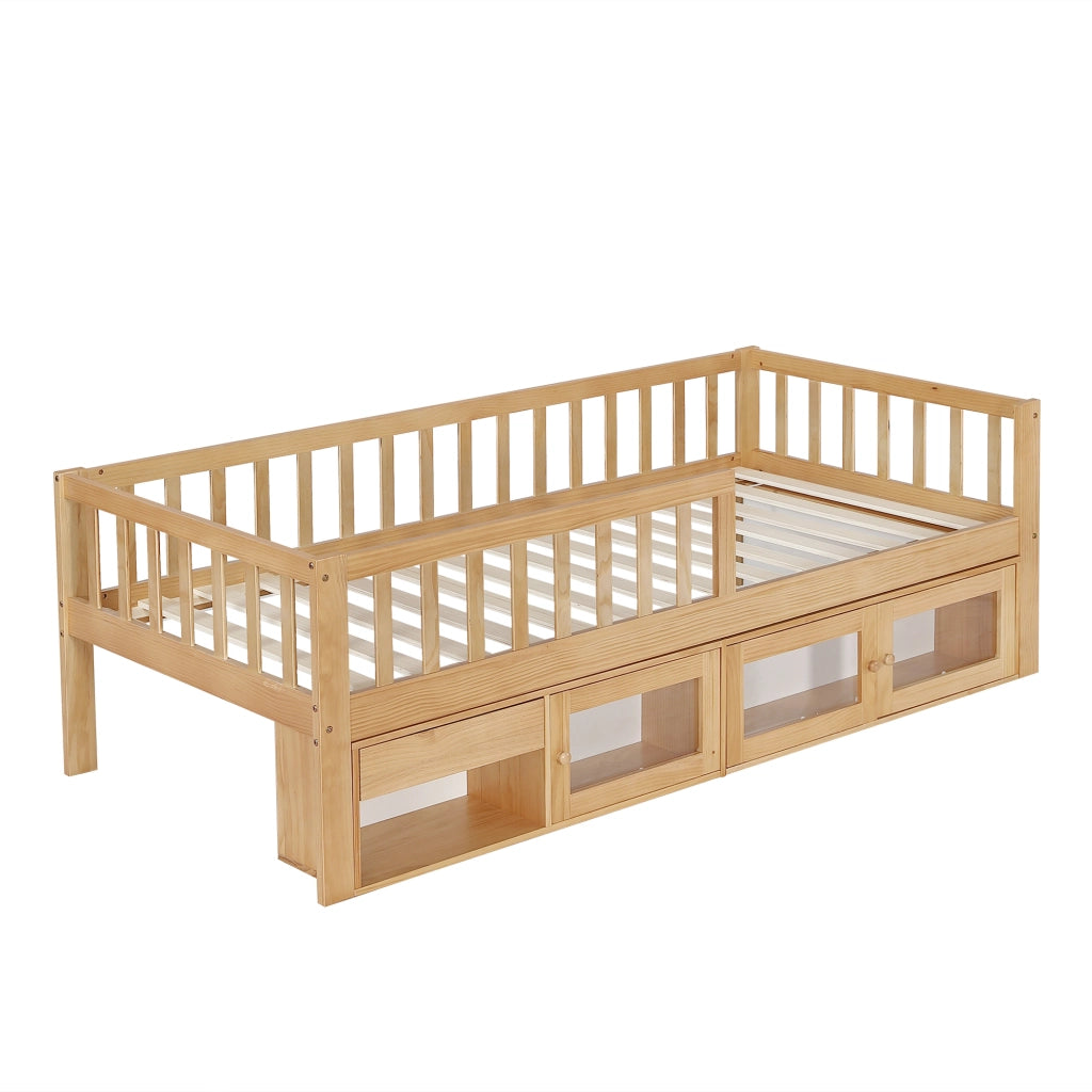 Letto per bambini 90x200 cm, con sponde di sicurezza, completo di cassetti e contenitore, color legno naturale