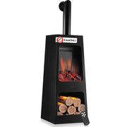 KAMINIO Caminetto elettrico da giardino con tubo KAI L - Stufa de terrazzo  elettrico con riscaldamento, effetto fiamma 3D, luce ambiente a LED, scomparto de legno, telecomando - Large, Nero