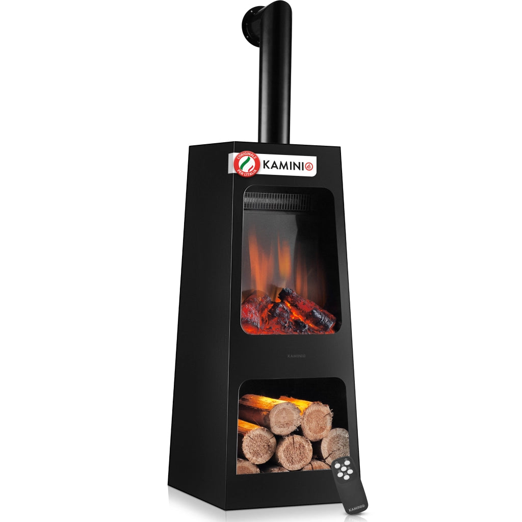 KAMINIO Caminetto elettrico da giardino con tubo KAI L - Stufa de terrazzo  elettrico con riscaldamento, effetto fiamma 3D, luce ambiente a LED, scomparto de legno, telecomando - Large, Nero