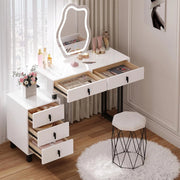 Toeletta con Luce LED, Luminosità Regolabile, Specchio a Nuvola, Piano Lucido, 5 Cassetti in Legno Massiccio, 1 Cassettiera, Moderno, Bianco e Nero