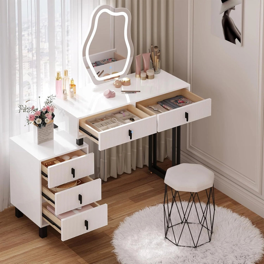 Toeletta con Luce LED, Luminosità Regolabile, Specchio a Nuvola, Piano Lucido, 5 Cassetti in Legno Massiccio, 1 Cassettiera, Moderno, Bianco e Nero