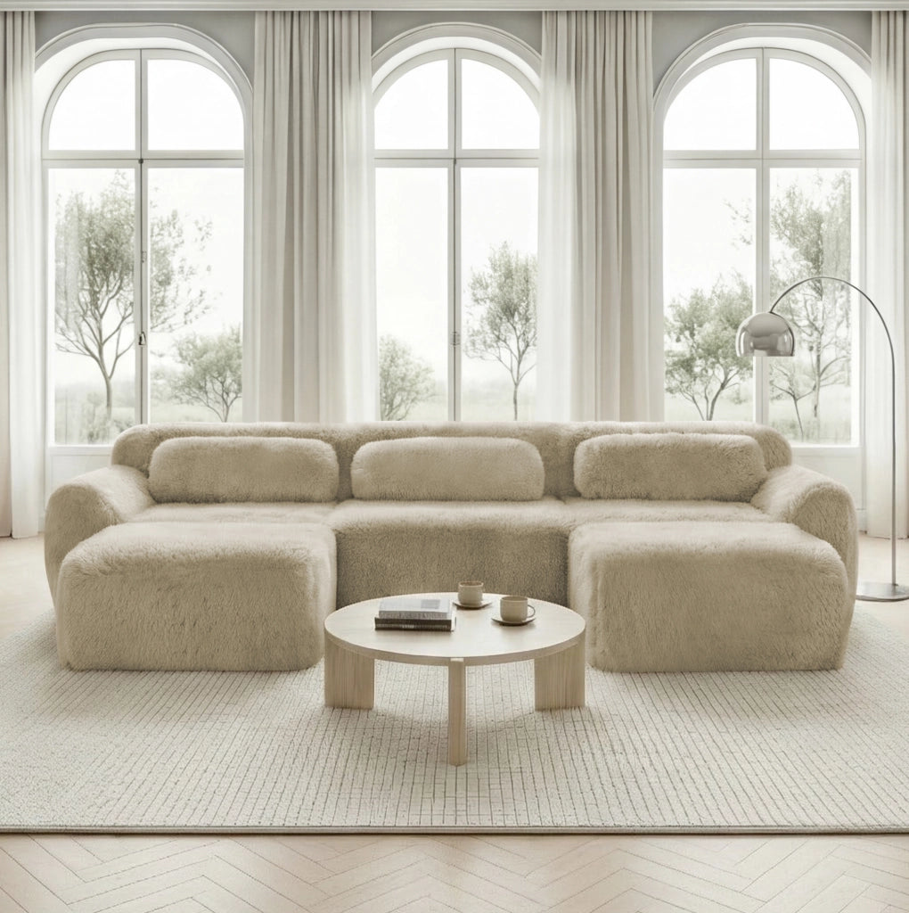 Divano modulare a U 291x179x73 cm in tessuto, beige chiaro, con cuscini, per soggiorni –