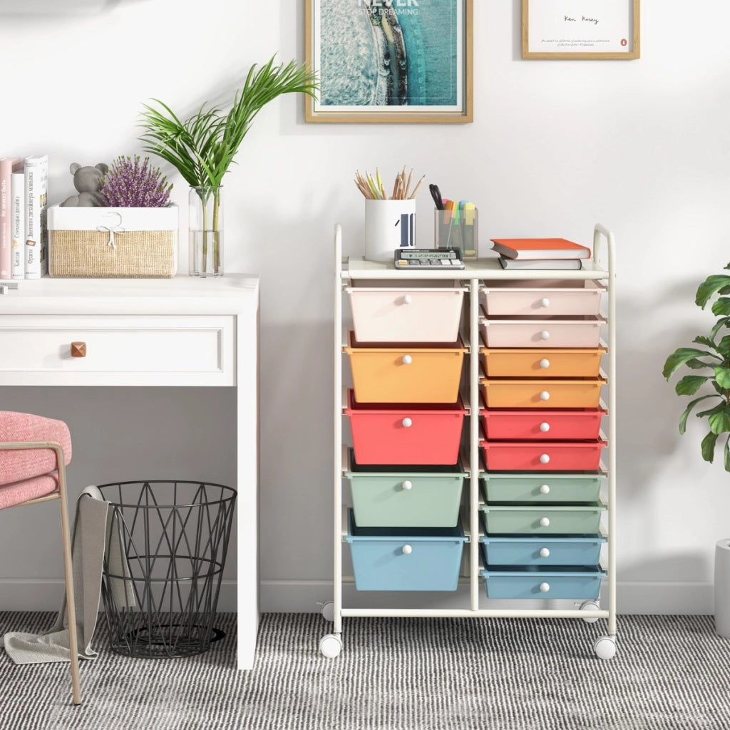 Carrello con 15 cassetti estraibili e ruote con freno-Scaffale-Carrello multiuso per casa ufficio scuola Colorato 2