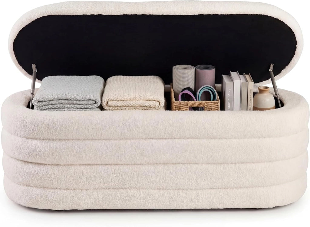 Poggiapiedi Contenitore con Ampio Interno da 108,5 L, Sedia Imbottito per Interno, Sgabello Portaoggetti per Camera da Letto, Soggiorno e Studio, 123,5 X 46 X 42,5 CM, Beige