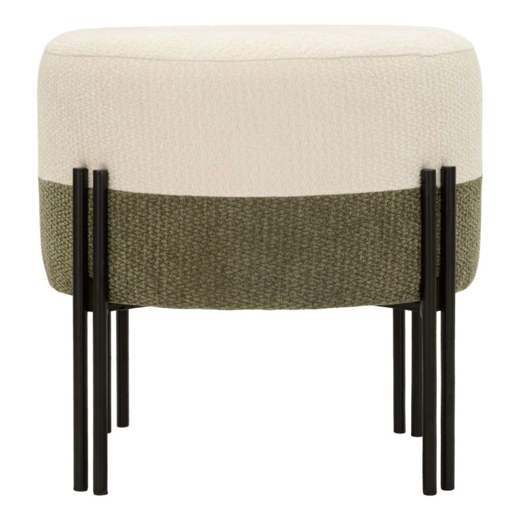 Pouf moderno bicolore crema e verde con struttura in ferro nero