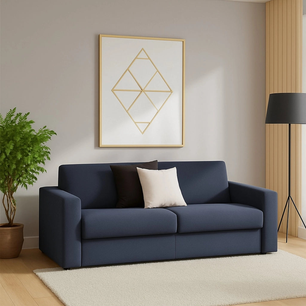 Divano fisso Malachite, Divano a 2 posti, Made in Italy, SofÒ  Soggiorno, in tessuto imbottito, con Braccioli slim, cm 160x95h90, Blu