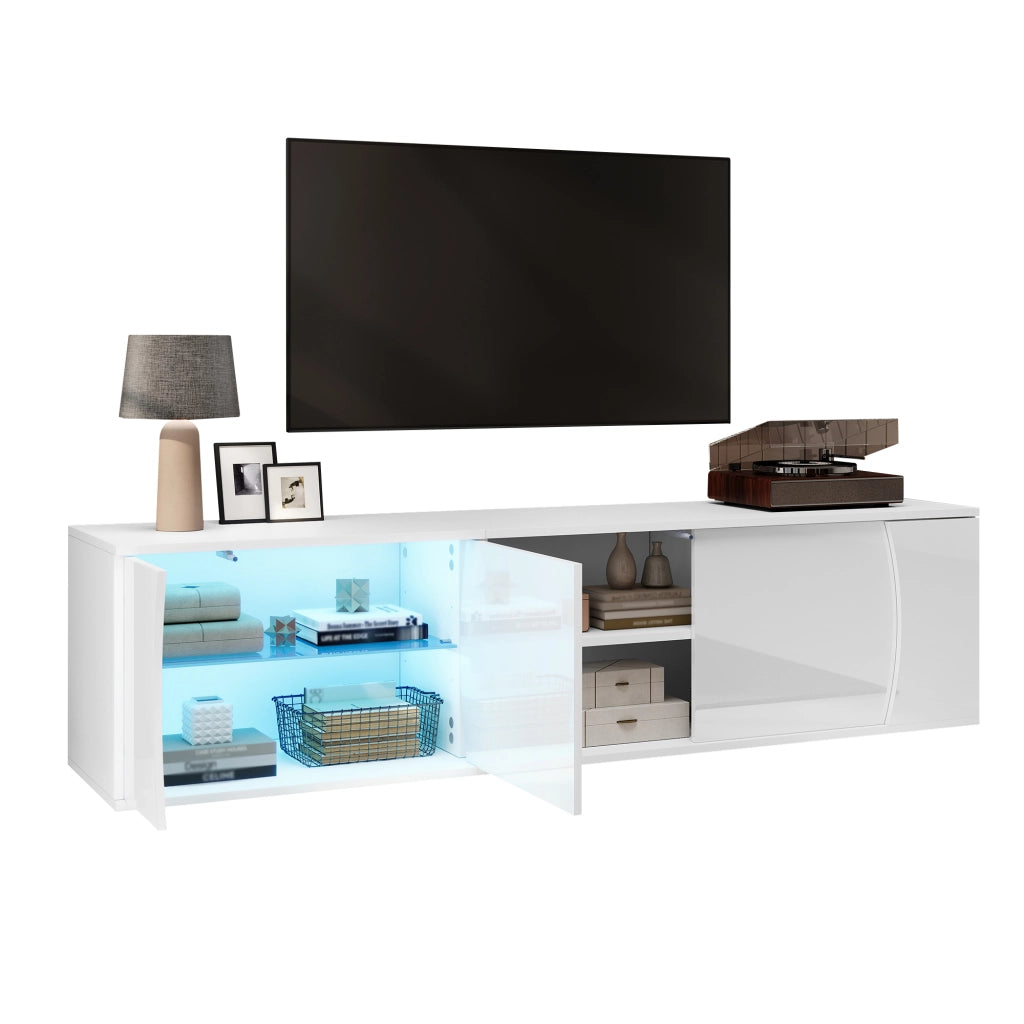 Mobile TV con 3 ante; ripiani e illuminazione LED - per soggiorno - 180 x 40 x 45 cm - bianco